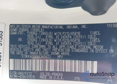 2010 Toyota Sienna Le из США, поврежденный, VIN 5TDKK4CC7AS340423